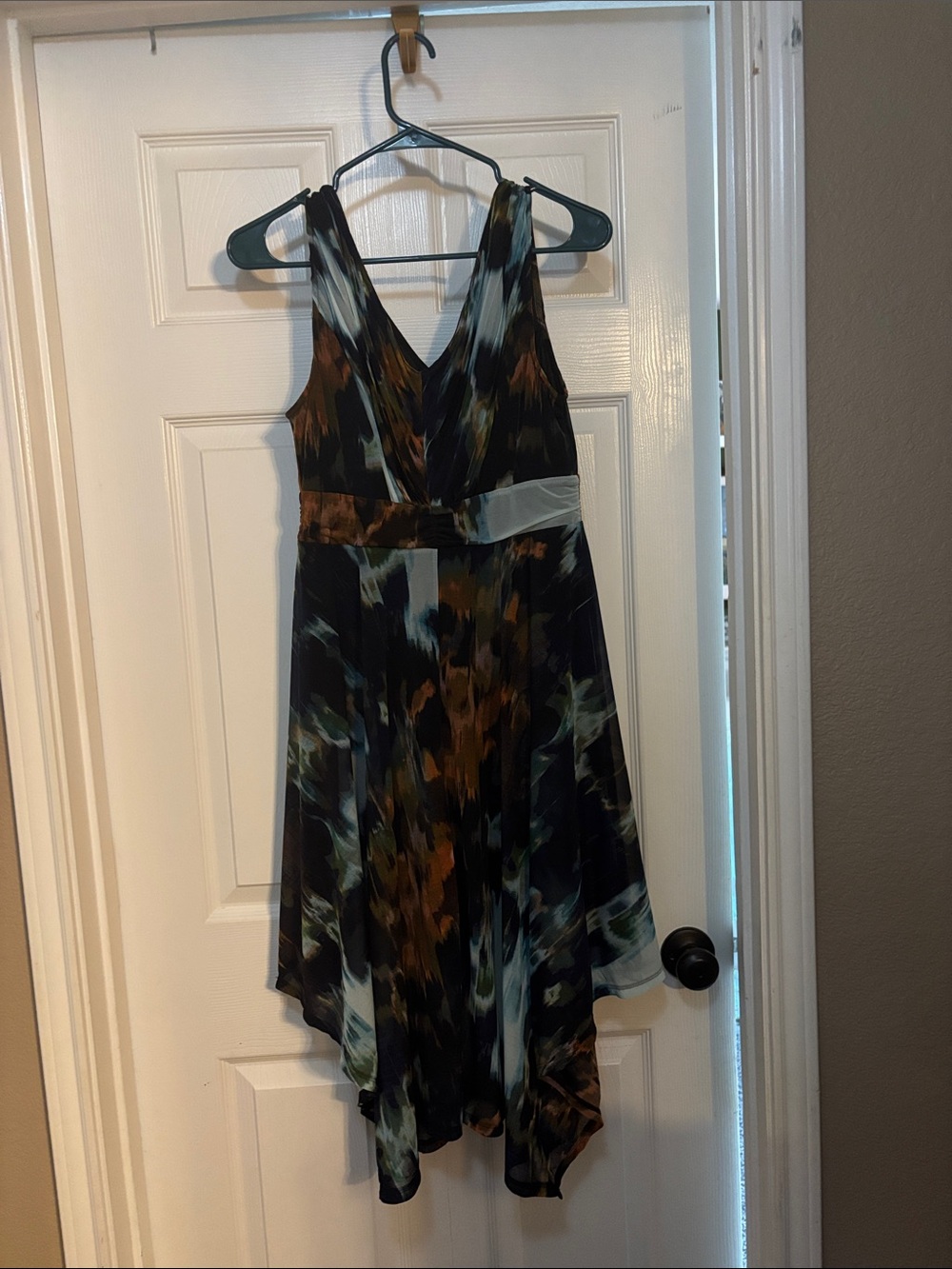Vera Wang Black High-Low Dress with Teal and Brown Abstract Print